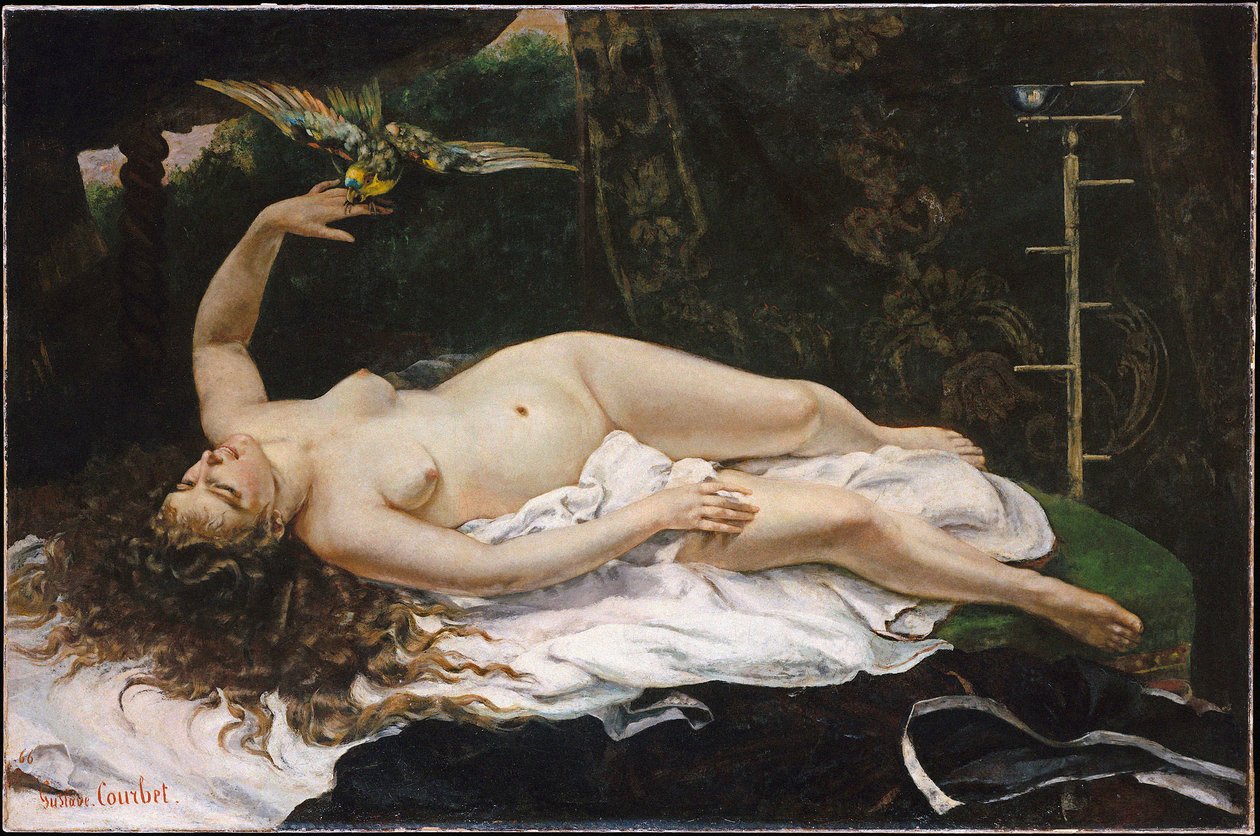 フランス語  La Femme au perroquet オウムを連れた女 作： ギュスターヴ・クールベ