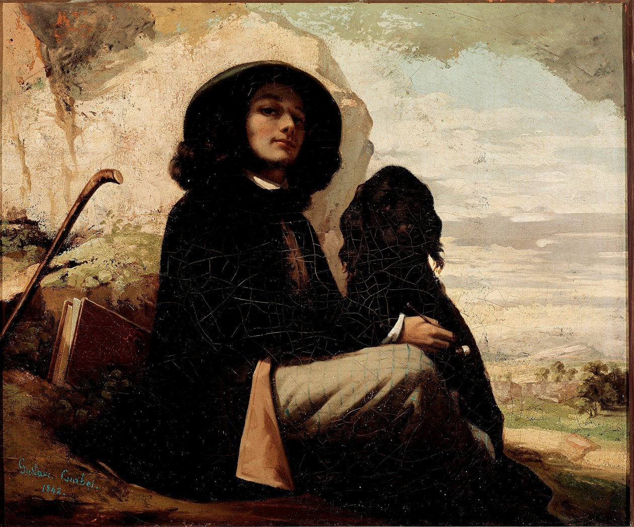 ギュスターヴ・クールベ（1819-1877）の「黒い犬を連れた自画像」 1842年 作： ギュスターヴ・クールベ