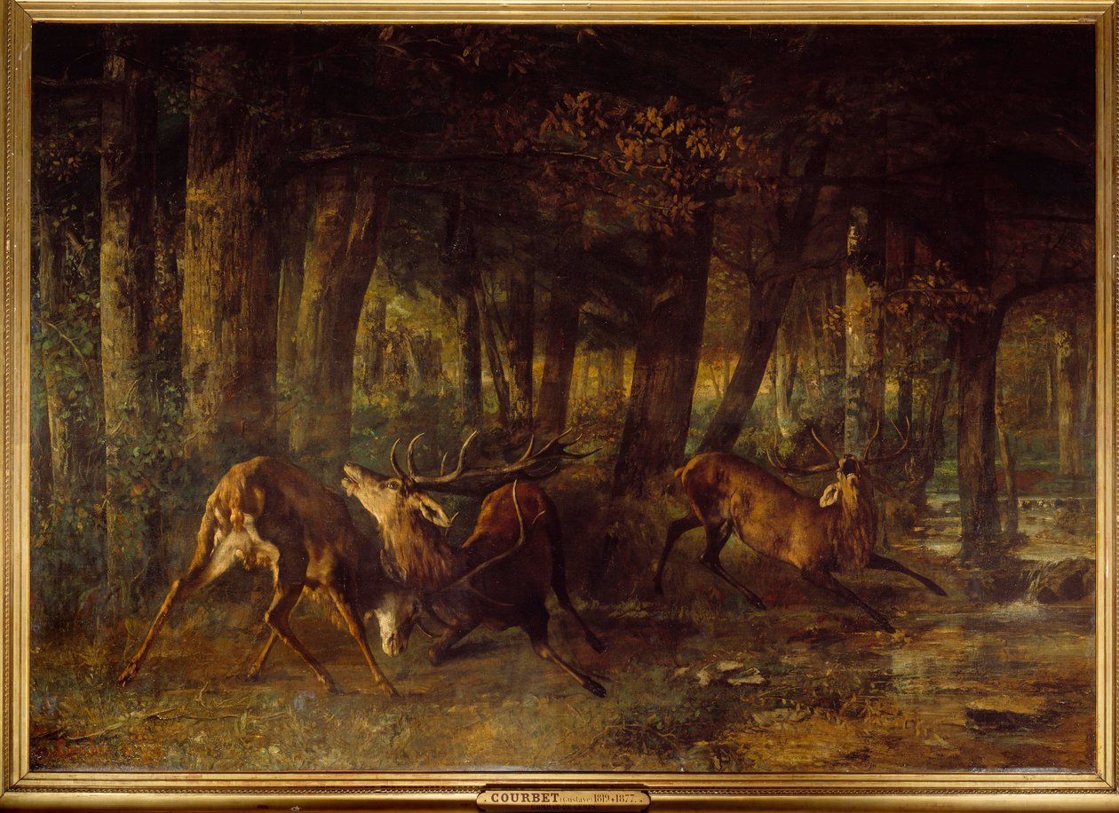 春の発情期、鹿の戦い。ギュスターヴ・クールベ（1819-1877）の絵画 作： ギュスターヴ・クールベ