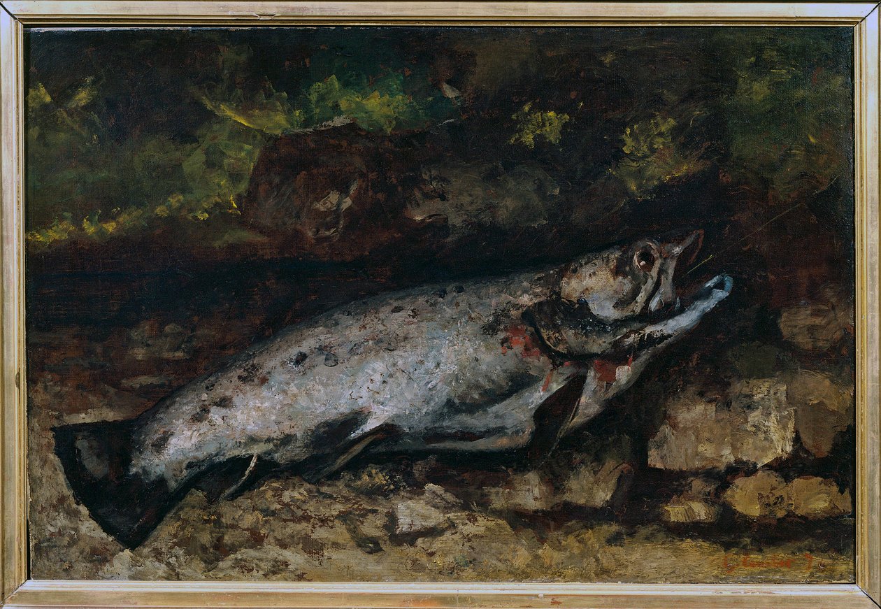 魚の鱒の静物画です。ギュスターヴ・クールベ（1819-1877）の絵画 作： ギュスターヴ・クールベ