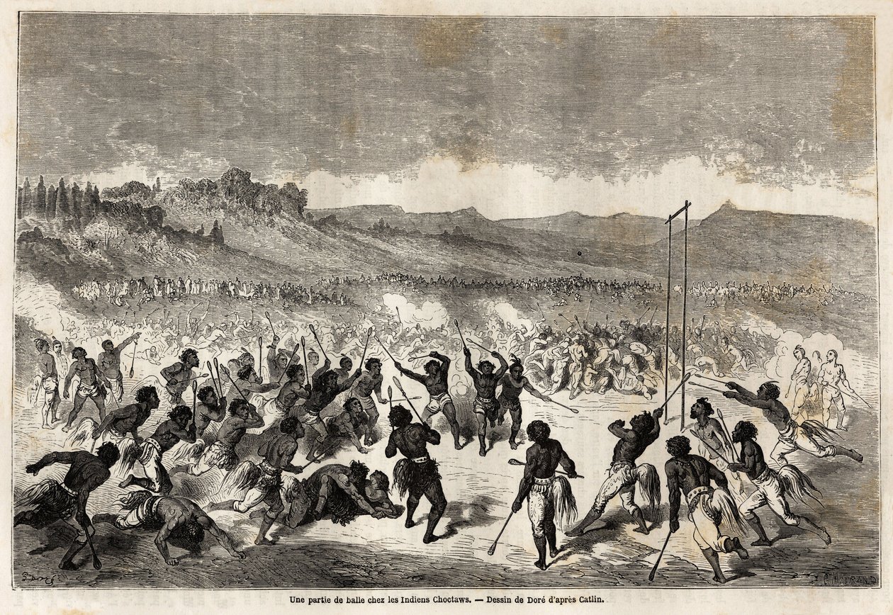 Ein Ballspiel unter den Choctaw-Indianern, einem Stamm der Region Mississippi, gezeichnet von Gustave Doré (1832-1883), zur Illustration der Reise von Baudouin Mollhausen (1825-1905) von Mississippi zum Pazifischen Ozean in den Jahren 1853-54. Gravur in „L von Gustave Dore