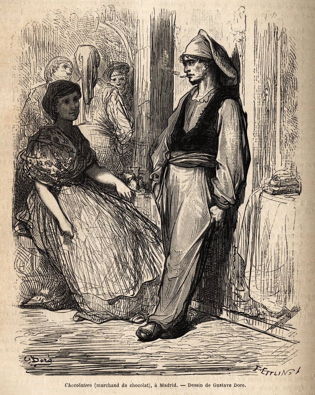 野外のチョコレート商人、マドリッドで撮影された生き生きとした姿のスケッチ。Gustave Dore（1832-1883）が1862年にCh.Davillier（編集者）と行ったスペイン旅行を説明するために描いたもので、1869年にEdouard Chartonが編集した「Le tour du monde」に掲載されています（Hach）。 作： ギュスターヴ・ドレ