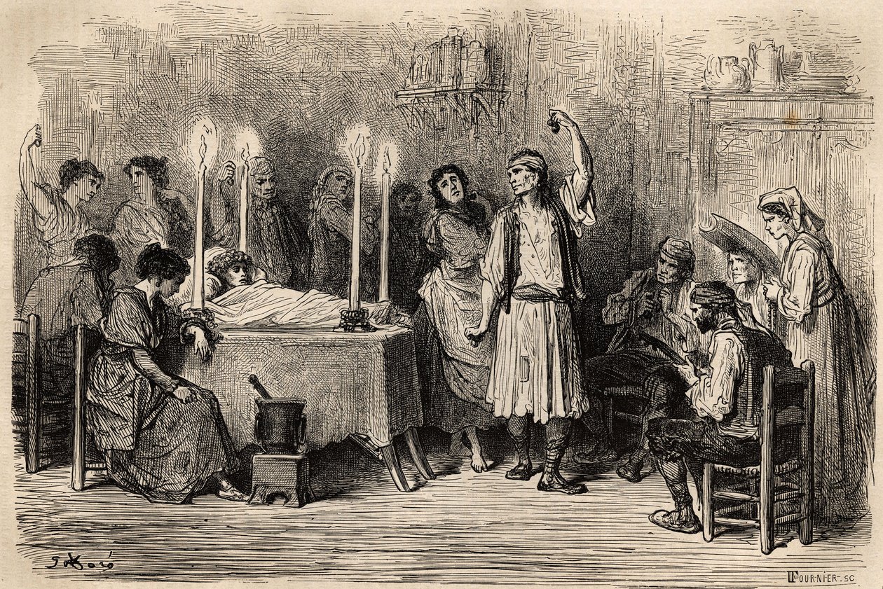 ジホナス（アリカンテ県）の葬儀の日に行われた葬儀の踊り。ギュスターヴ・ドーア（1832-1883）が現地で撮影したスケッチ。1862年、シャルル・ダヴィリエとギュスターヴ・ドーアが「Le tour du monde, nouveau jour」に掲載したスペインでの航海を説明するためのエングレーヴィング。 作： ギュスターヴ・ドレ