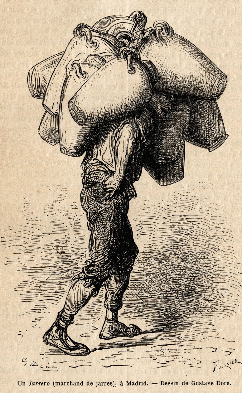 壺商人、マドリッドで撮影された生き生きとした姿を描いたスケッチ。Gustave Dore（1832-1883）が1862年にCh.Davillier（編集者）と行ったスペイン旅行を説明するために描いたもので、1869年にEdouard Charton（編集者）によって出版された "Le tour du monde "に掲載されています。 作： ギュスターヴ・ドレ