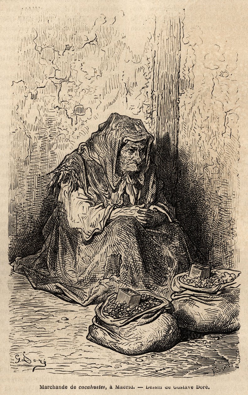 ピーナッツ商人、マドリッドのプエルタ・デル・ソルでのライブでのスケッチ。Gustave Dore（1832-1883）が1862年にCh.Davillier（編集者）と行ったスペイン旅行を説明するために描いたもので、1869年にEdouard Chartonが編集した "Le tour du monde "に掲載されています。 作： ギュスターヴ・ドレ
