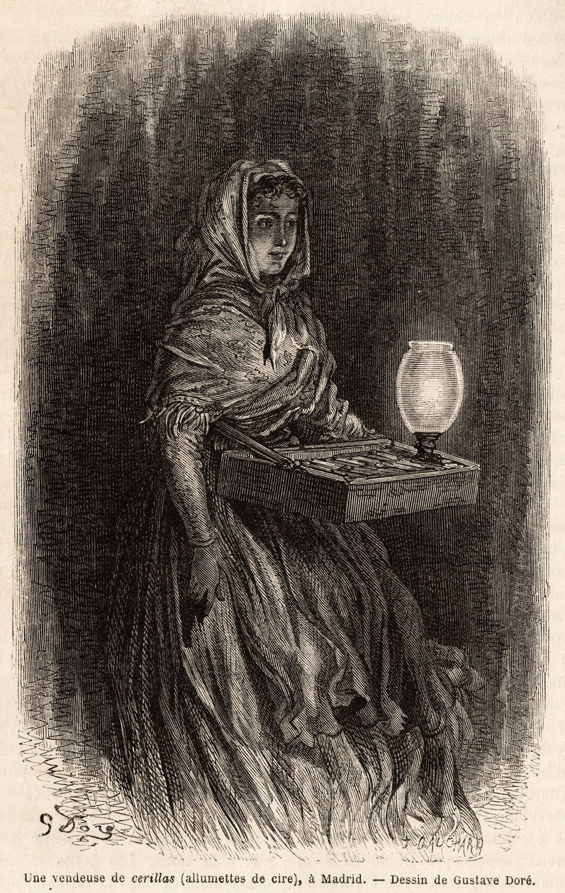 マドリッドのプエルタ・デル・ソルで、ワックスマッチを売る女性をライブで描いたスケッチ。Gustave Dore（1832-1883）が1862年にCh.Davillier（編集者）と行ったスペイン旅行を説明するために描いたもので、1869年にEdouard Chartonが編集した "Le tour du monde "に掲載されています。 作： ギュスターヴ・ドレ