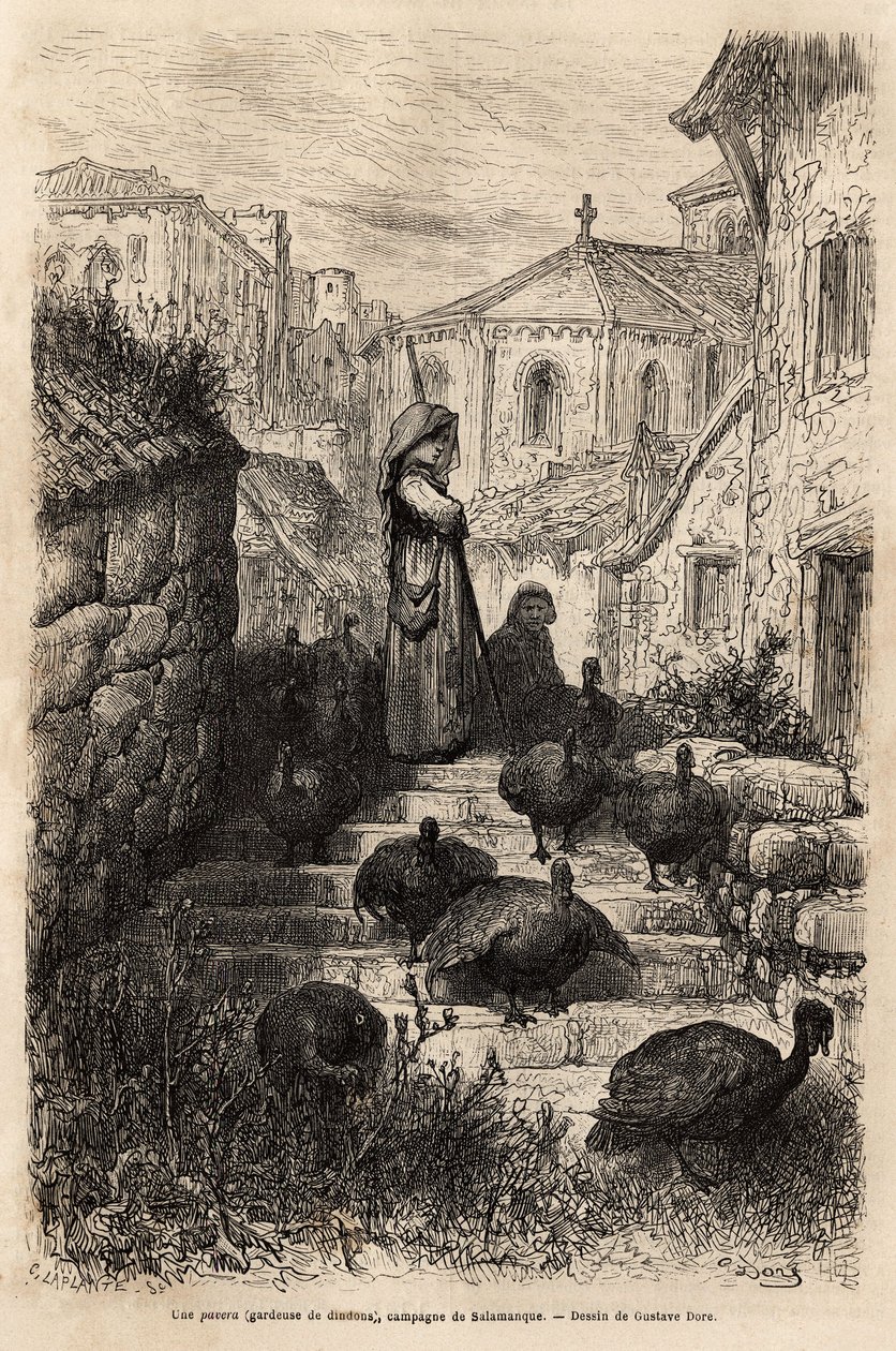 Ein Truthahnwächter, in den Straßen eines Dorfes auf dem Land von Salamanca. Zeichnung von Gustave Doré (1832-1883). Gravur zur Illustration der Reise in Spanien, von Charles Davillier, 1862, veröffentlicht in „Le tour du monde“ 1872, herausgegeben von Edo von Gustave Dore