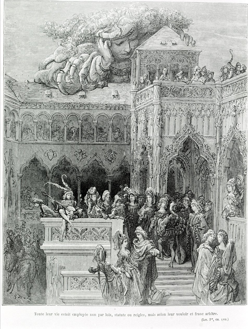 François Rabelais (1483 - 1553)のGargantua (1534)にちなんで、彼らの人生はすべて、法律や法令、規則ではなく、彼らの意志や率直な意思に基づいて用いられた。彫刻はギュスターヴ・ドーア（1832-1883）によるもの。 作： ギュスターヴ・ドレ