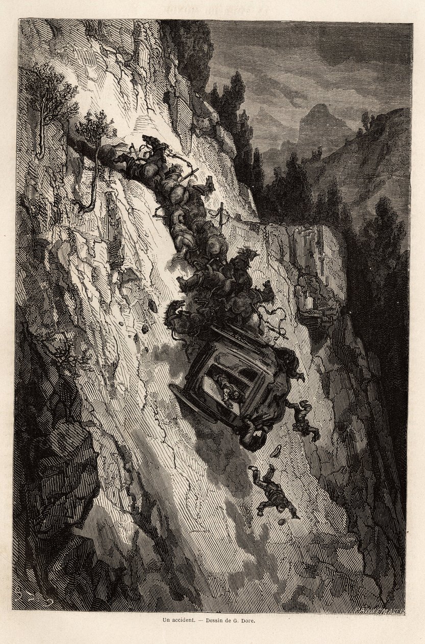 Gustave Dore（1832-1883）が1862年にC.Davillierと行ったスペイン旅行を説明するために描いた「A accident of diligence（勤勉さの事故）」。エドゥアール・シャルトン編『世界一周』に掲載されている図版 作： ギュスターヴ・ドレ