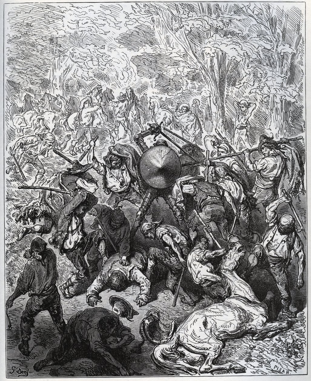ラバ職人との戦い-ヤンゴイ族は棍棒を使っていた-ミゲル・セルバンテス（1547-1616）の「ドン・キホーテ・デ・ラ・マンチャ」（ドン・キホーテ）より-ギュスターヴ・ドーアの絵をもとにした木版画 作： ギュスターヴ・ドレ