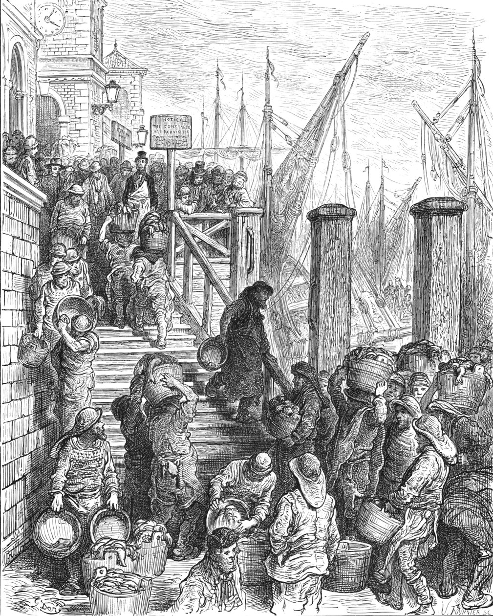 「ビリングスゲート - 魚の上陸」、1872 年。 作： ギュスターヴ・ドレ