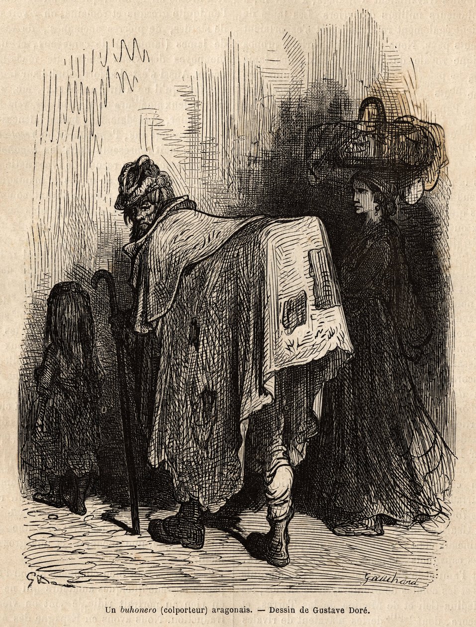 Buhonero, aragonesischer Hausierer. Zeichnung von Gustave Doré (1832-1883). Gravur zur Illustration der Reise in Spanien, von Charles Davillier, 1862, veröffentlicht in „Le tour du monde“ 1872, herausgegeben von Edouard Charton, Hachette-Edition, Paris. Se von Gustave Dore