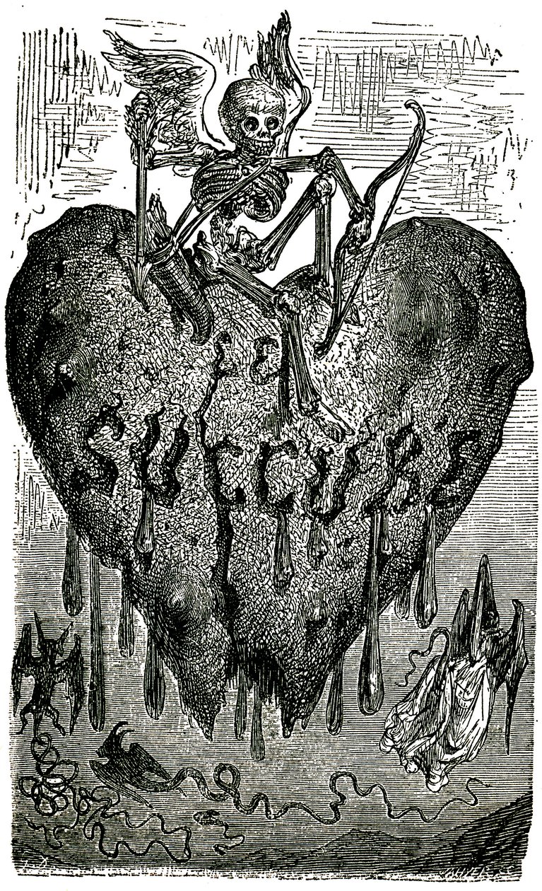 オノレ・ド・バルザック（1799-1850）の「ドロラティック物語」（1855年）のためのギュスターヴ・ドーレによる章頭挿絵：サキュバス（吸血鬼）-骸骨、死、心臓、血-。 作： ギュスターヴ・ドレ