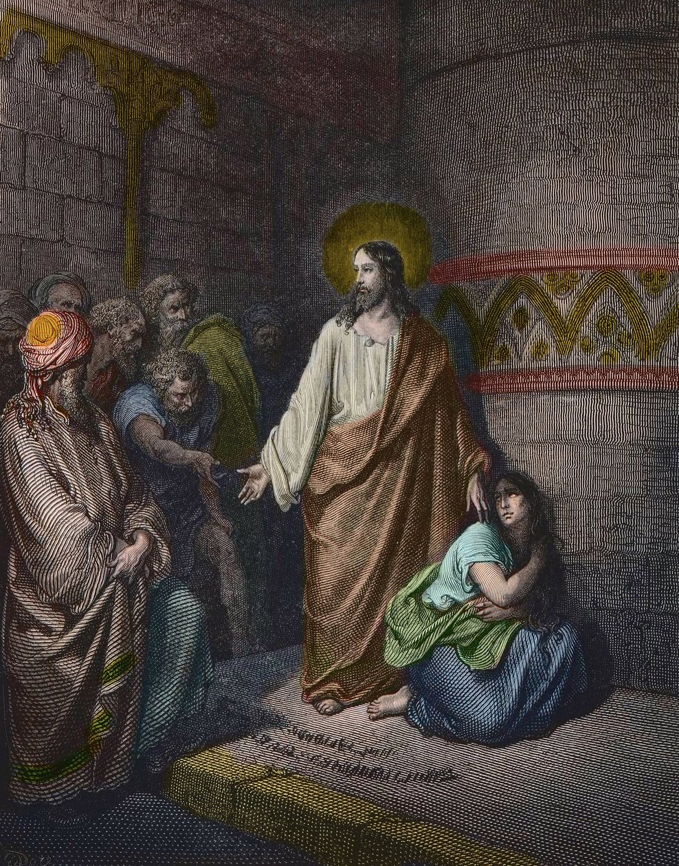 "Christ and the Adultere Woman" Gustave Dore (1832-1883) によるイラストレーション - Jesus and the Woman Taken in Adultery - Gustave Doreによるエングレーヴィング - 後に彩色されています。 作： ギュスターヴ・ドレ
