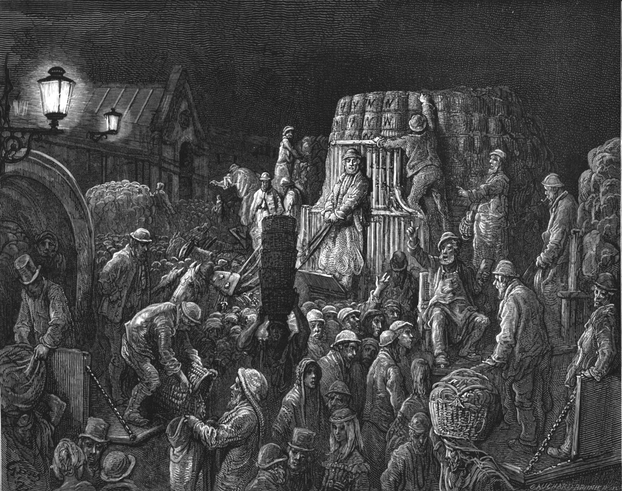 「コベント ガーデン マーケット - 早朝」、1872 年。 作： ギュスターヴ・ドレ
