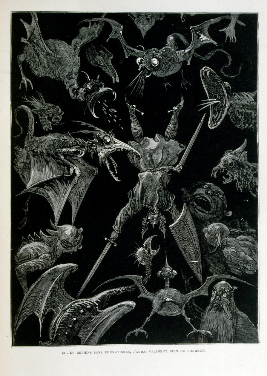 フランスの画家、版画家、挿絵画家であるギュスターヴ・ドーア（1832年～1883年）が1863年に描いた「クロック・ミテーヌ」。Croque-Mitaine（ブギーマン）とは、子供を怖がらせて賢くさせるために、子供に見せられる悪意のあるキャラクター。 作： ギュスターヴ・ドレ