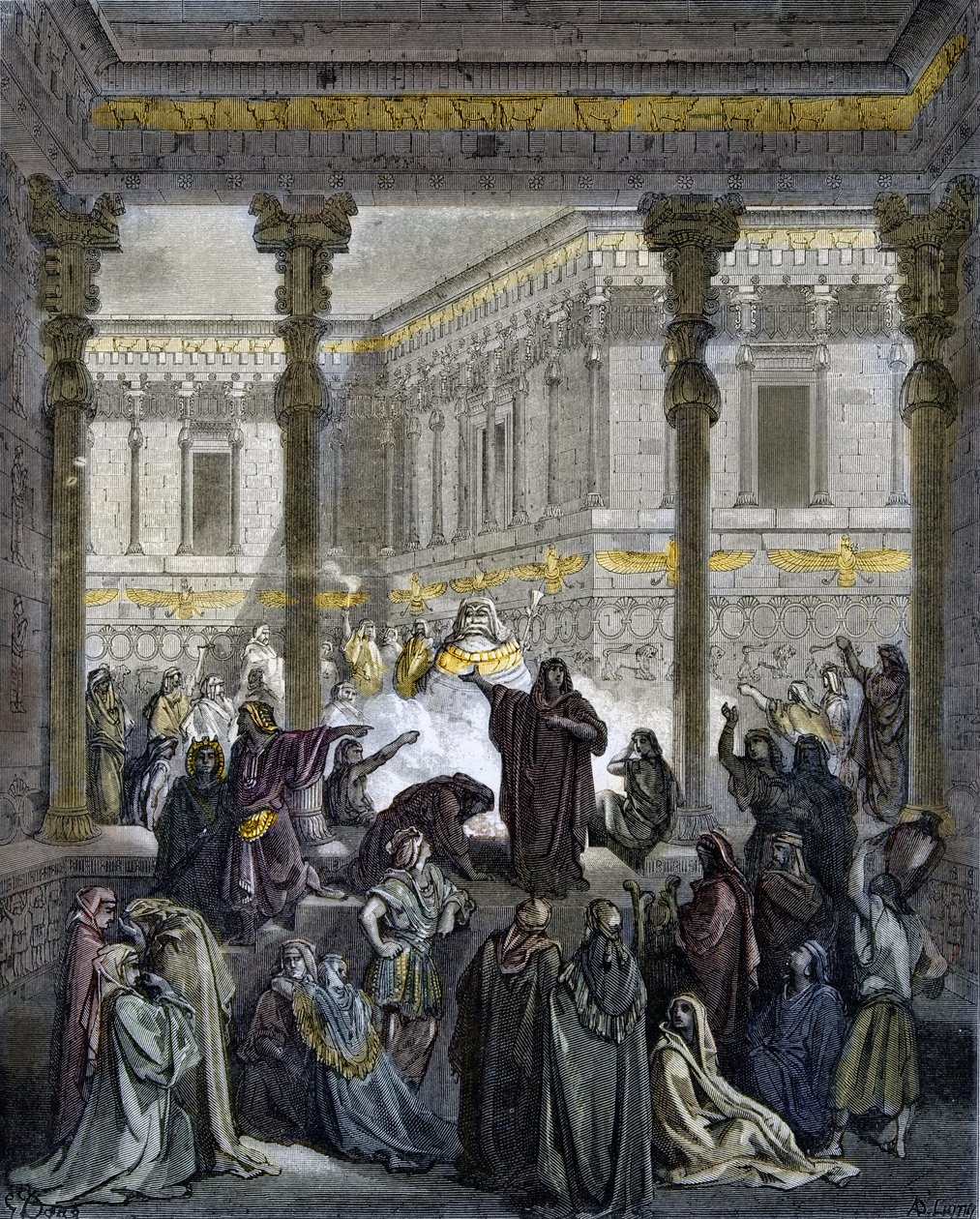 バアルの祭司を打ち破るダニエル - ベルの祭司を打ち破るダニエル - - Gustave Dore (1832-1883) による "The Bible illustree" のエングレーヴィング - "The Dore Bible" のエングレーヴィング 作： ギュスターヴ・ドレ