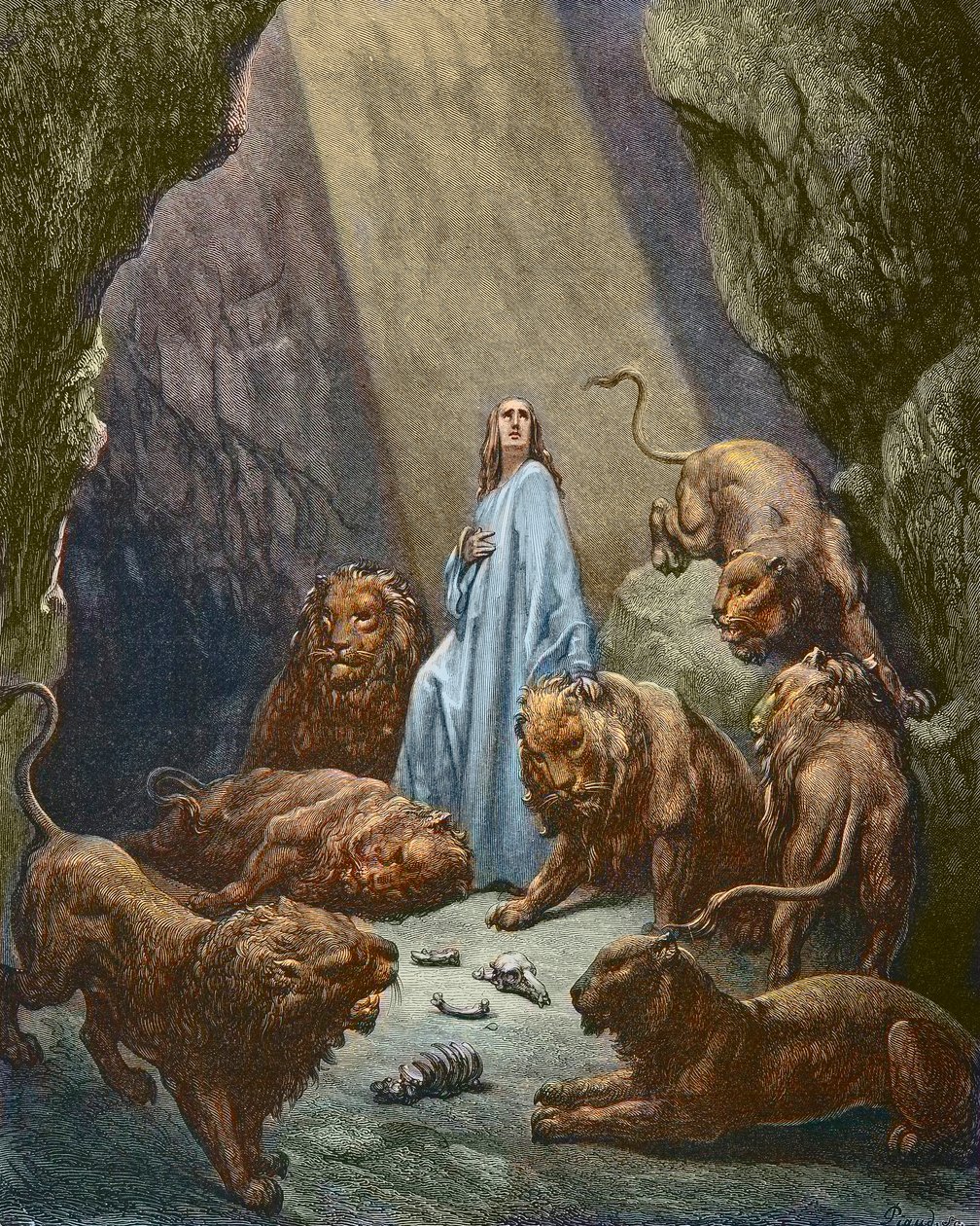 Daniel est jete dans la fonds aux lions - Daniel in the Den of Lions - Gustave Doreによるエングレーヴィング - 後に彩色される 作： ギュスターヴ・ドレ