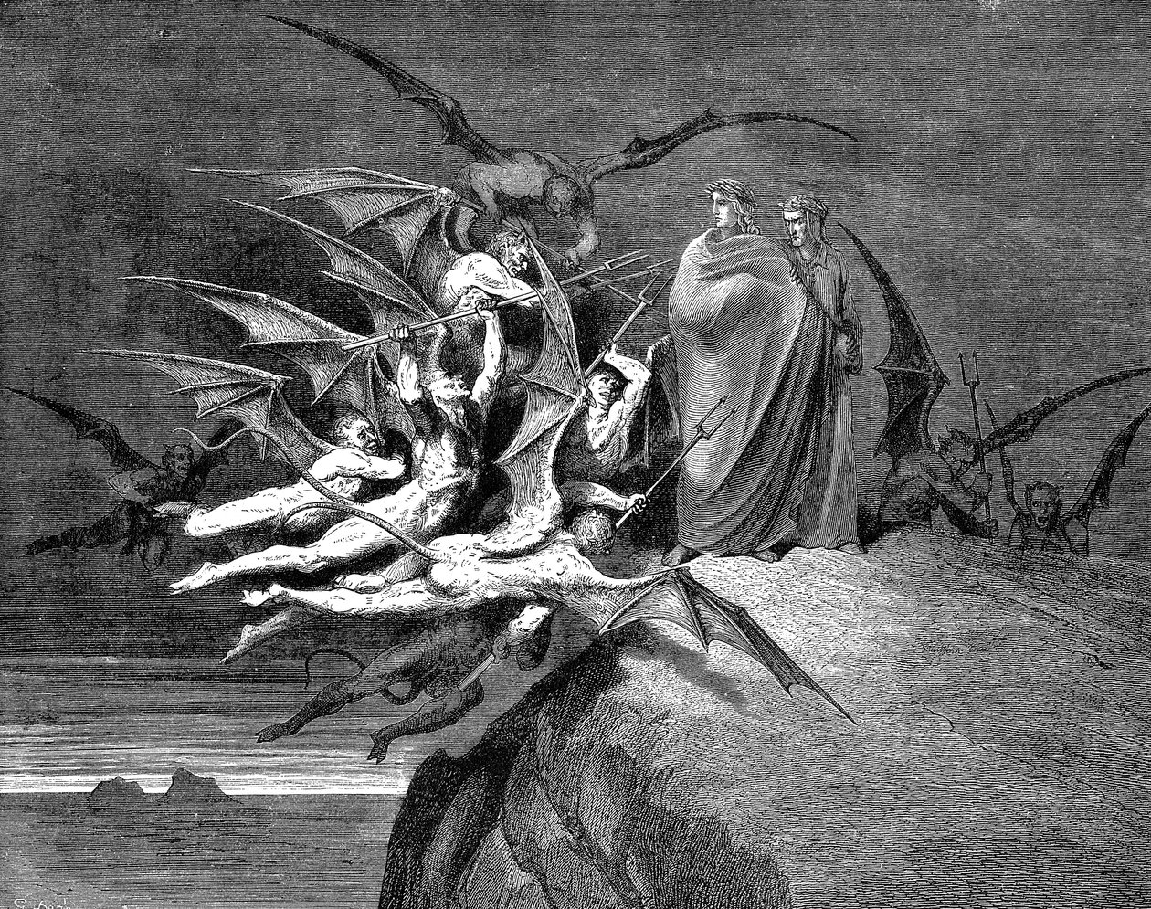 ダンテとウェルギリウスは、1861 年に第 8 サークルを通過する際に悪魔に取り囲まれました。 作： ギュスターヴ・ドレ