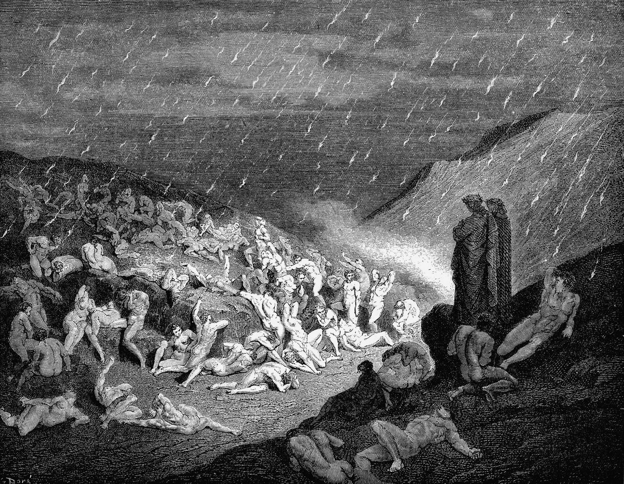 ダンテとバージルは、1863年にインフェルノで苦しみの中で魂を見下ろしていました。 作： ギュスターヴ・ドレ