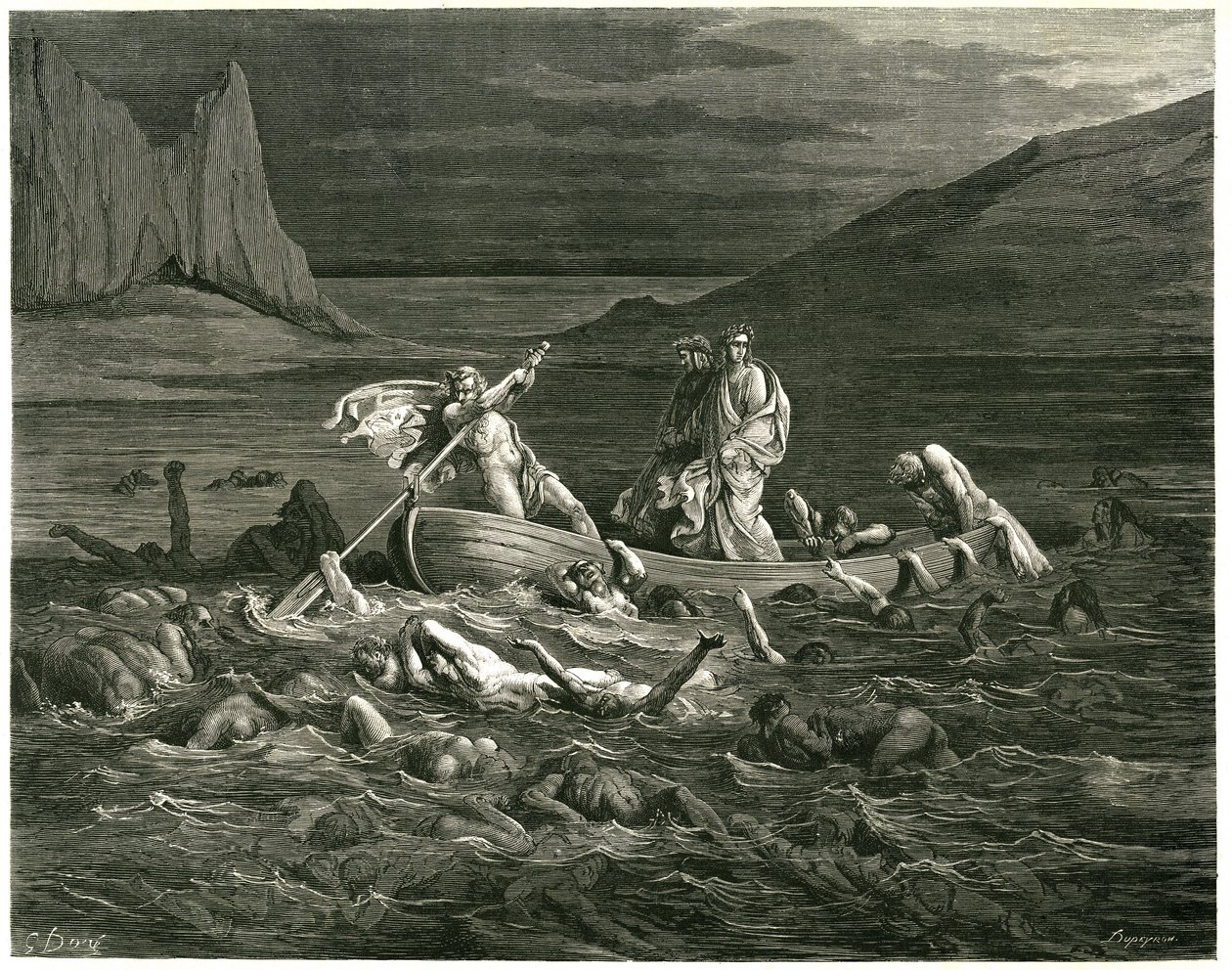 Dante und Virgil segeln, geführt von Nocher Phlegyas, auf dem Styx, in dem Verdammte waten, die versuchen, ins Boot zu steigen. Gravur aus Die Hölle von Dante Alighieri (Die Göttliche Komödie) illustriert von Gustave Doré. Französische Ausgabe von 1861. von Gustave Dore