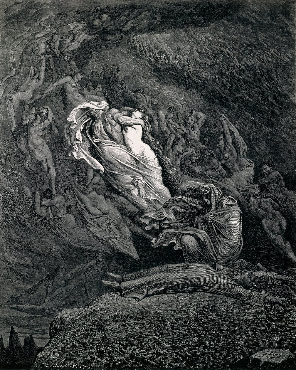 ダンテ・アリギエリ（1265-1321）作『神曲』第五番「インフェルノ」の挿絵、ギュスターヴ・ドーア（1832-1883）作、パオロとフランチェスカを従えたダンテとヴィルジル。 作： ギュスターヴ・ドレ