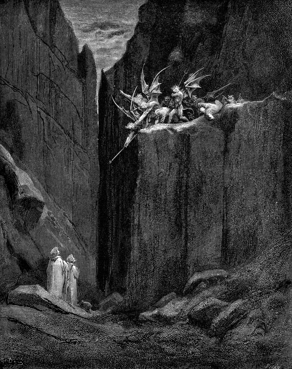 ウェルギリウスによって悪魔の害から保護されたダンテ、1863年 作： ギュスターヴ・ドレ