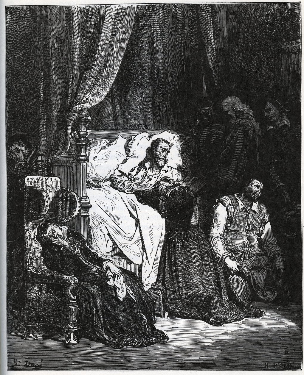 ドン・キホーテの死 [姪、家政婦、サンチョ・パンサ、教区、理髪師、独身者サムソン・カラスコに囲まれて] - ミゲル・セルバンテス(1547-1616)の『ドン・キホーテ・デ・ラ・マンチャ』(ドン・キホーテ)より - ギュスターヴ・ドーアのデッサンに基づく木版画 作： ギュスターヴ・ドレ