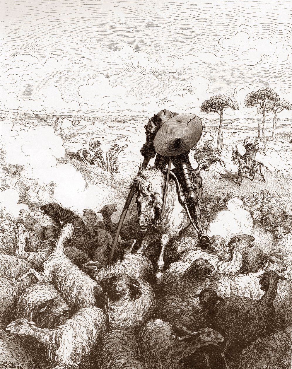 羊の群れを攻撃するドン・キホーテ ミゲル・デ・セルバンテス (1547-1616) による「The Ingenieux Hidalgo Don Quixote de la Mancha (Quixotte - Quixote)」のグスタフ・ドレ (1832-1883) による彫刻 1863 個人蔵 作： ギュスターヴ・ドレ