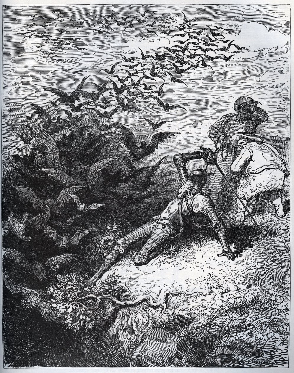 ドン・キホーテ、モンテシーノスの洞窟にて - モンテシーノスの洞窟から無限のカラスとにわとりが飛び出し、ドン・キホーテを地面に叩きつける (II, 22) - ミゲル・セルバンテス(1547-1616)の「ドン・キホーテ・デ・ラ・マンチャ」より (ドン・キホーテ) - デッサン後の木版画 作： ギュスターヴ・ドレ