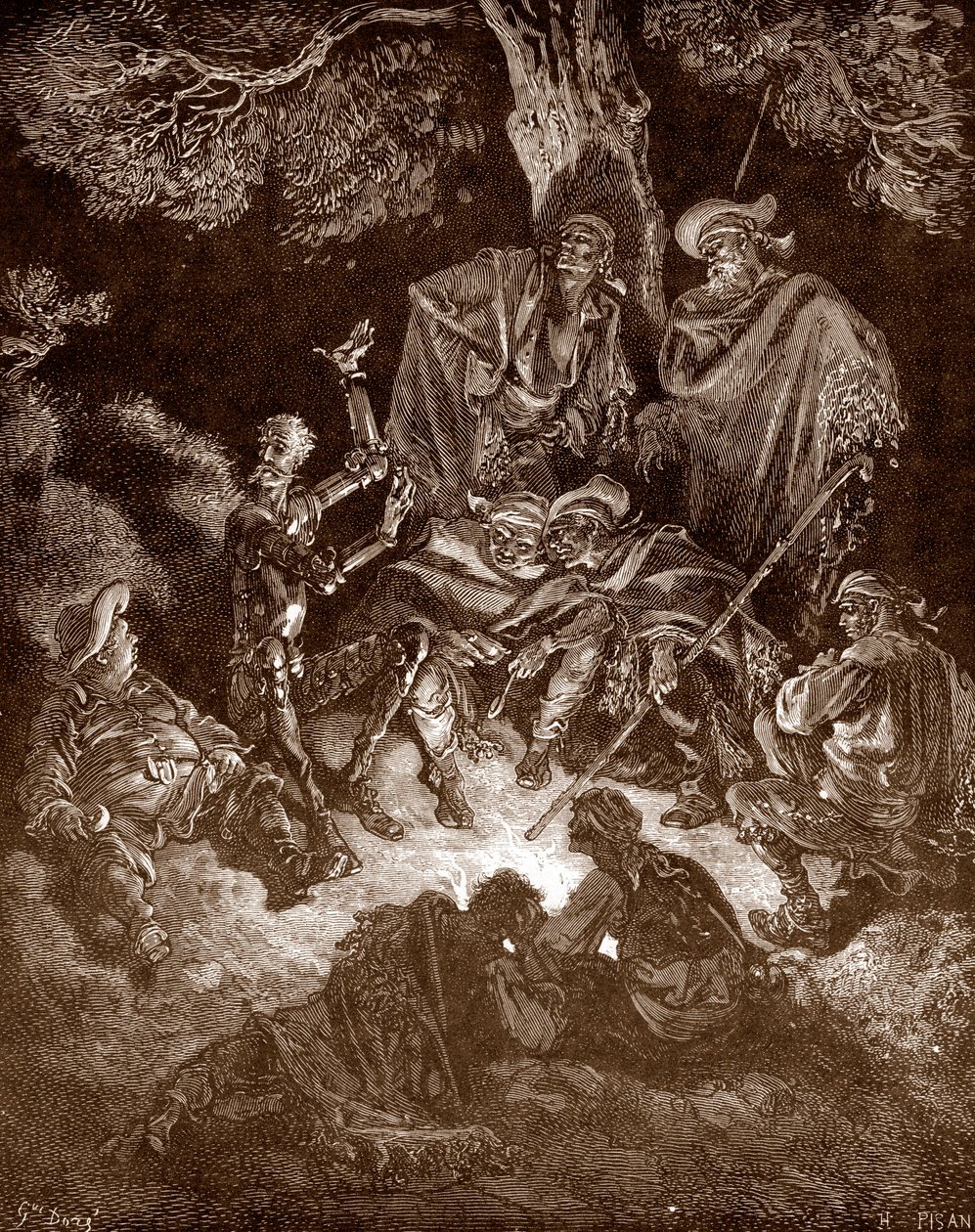 Don Quixote and Sancho Panza with the goatherds Engraving by Gustave Dore (1832-1883) for “L
