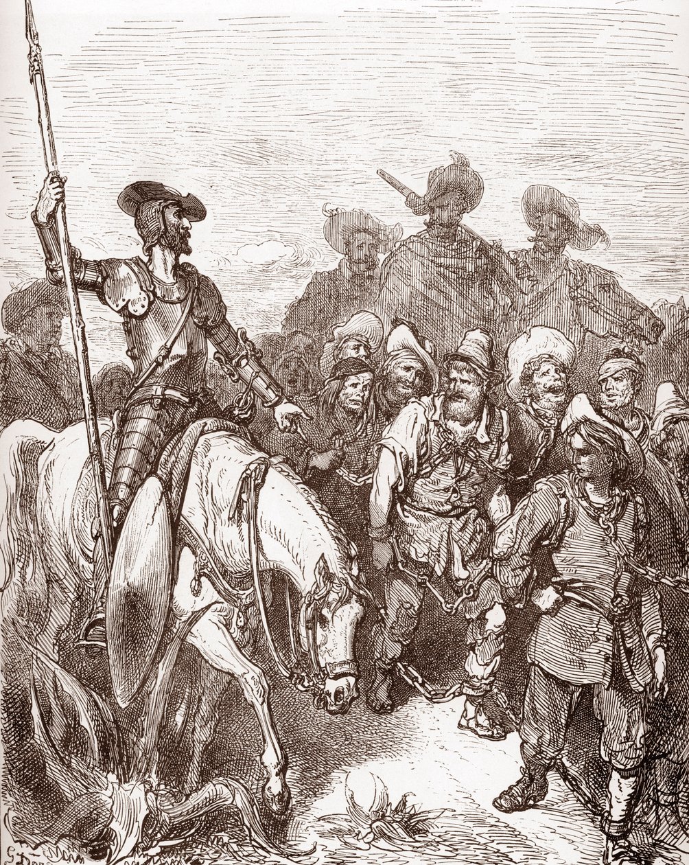 Don Quixote and sancho Panza interrogates the criminals being led to the galleys Engraving by Gustave Dore (1832-1883) for “L