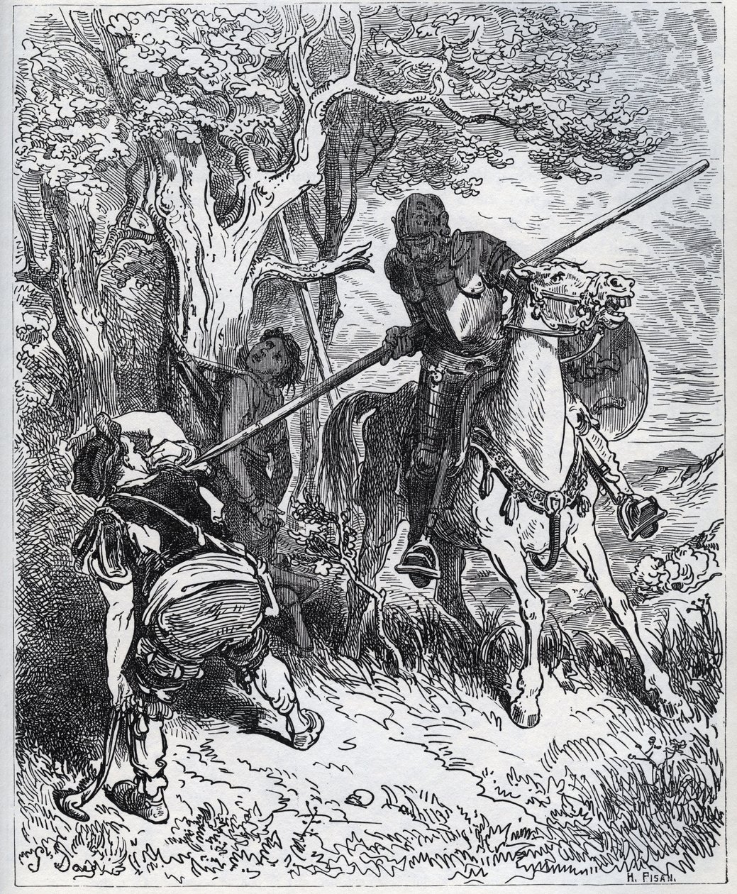 ドン・キホーテは若い従者の味方をする-「我々を活気づける太陽によって、誰が私の体に刃を通さないようにしているのかわからない」-ミゲル・セルバンテス（1547-1616）の「Don Quixote de la Mancha」（ドン・キホーテ）より-Gustaの描いた絵の後に木版で描かれている。 作： ギュスターヴ・ドレ