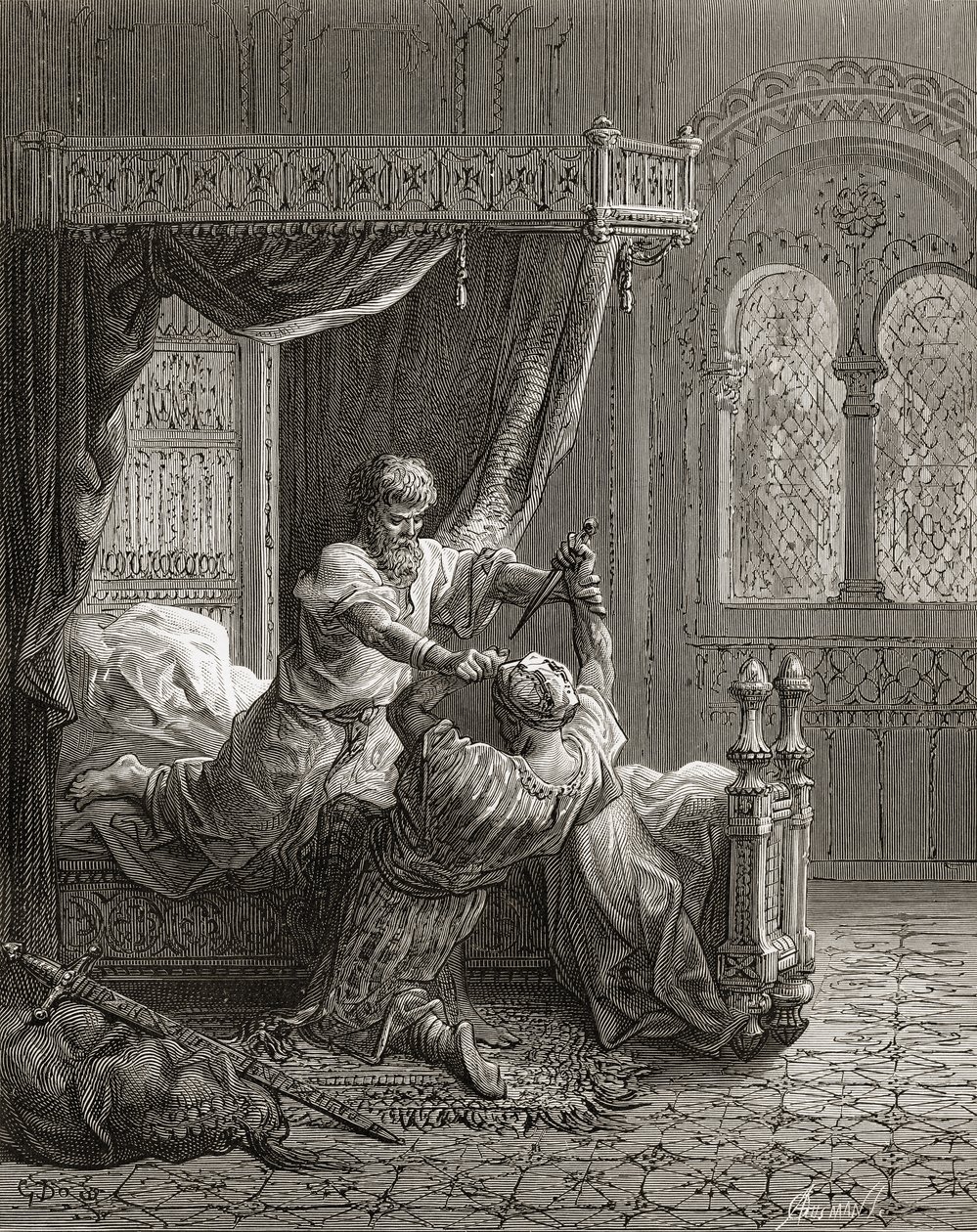 イギリスのエドワード1世（1239-1307）は、JFによる「Bibliotheque des Croisades」のイラストである1272年6月に彼の暗殺者を殺害します。ミショー、1877 作： ギュスターヴ・ドレ