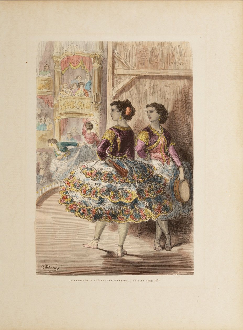 セビリアのサン フェルナンド劇場のファンダンゴ、c. 1874年。 作： ギュスターヴ・ドレ