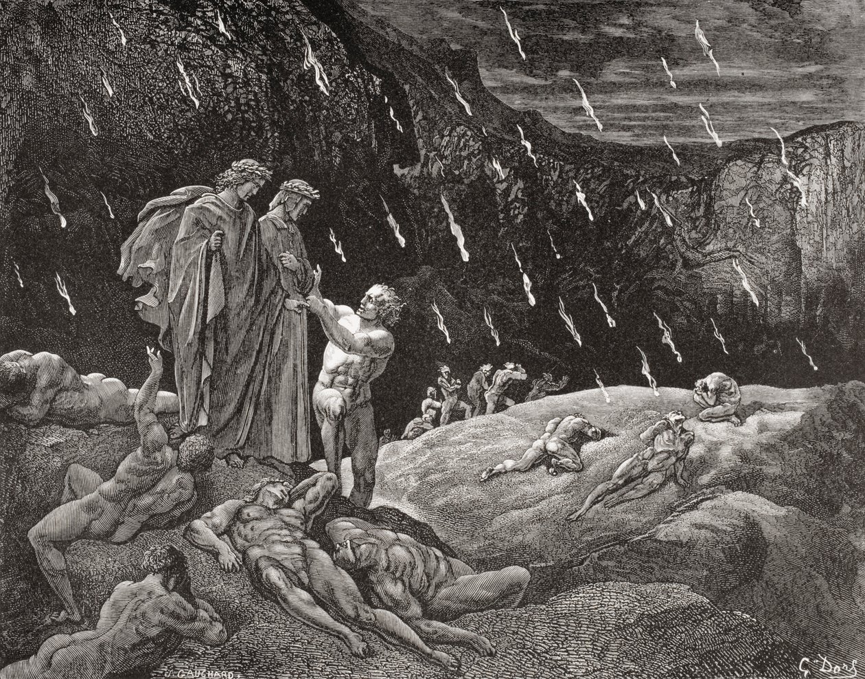 ギュスターヴ・ドーア1832-1883年フランスの画家、挿絵画家によるダンテ・アリギエーリ『地獄篇』カント15章28行目と29行目のための版画。 作： ギュスターヴ・ドレ
