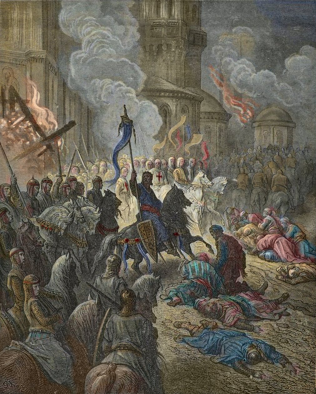 1204年のコンスタンティノープルにおける十字軍の入城、J-F.ミショーの「Bibliotheque des Croisades」からのイラスト。Michaud - (litho), Dore, Gustave (1832-83) 作： ギュスターヴ・ドレ
