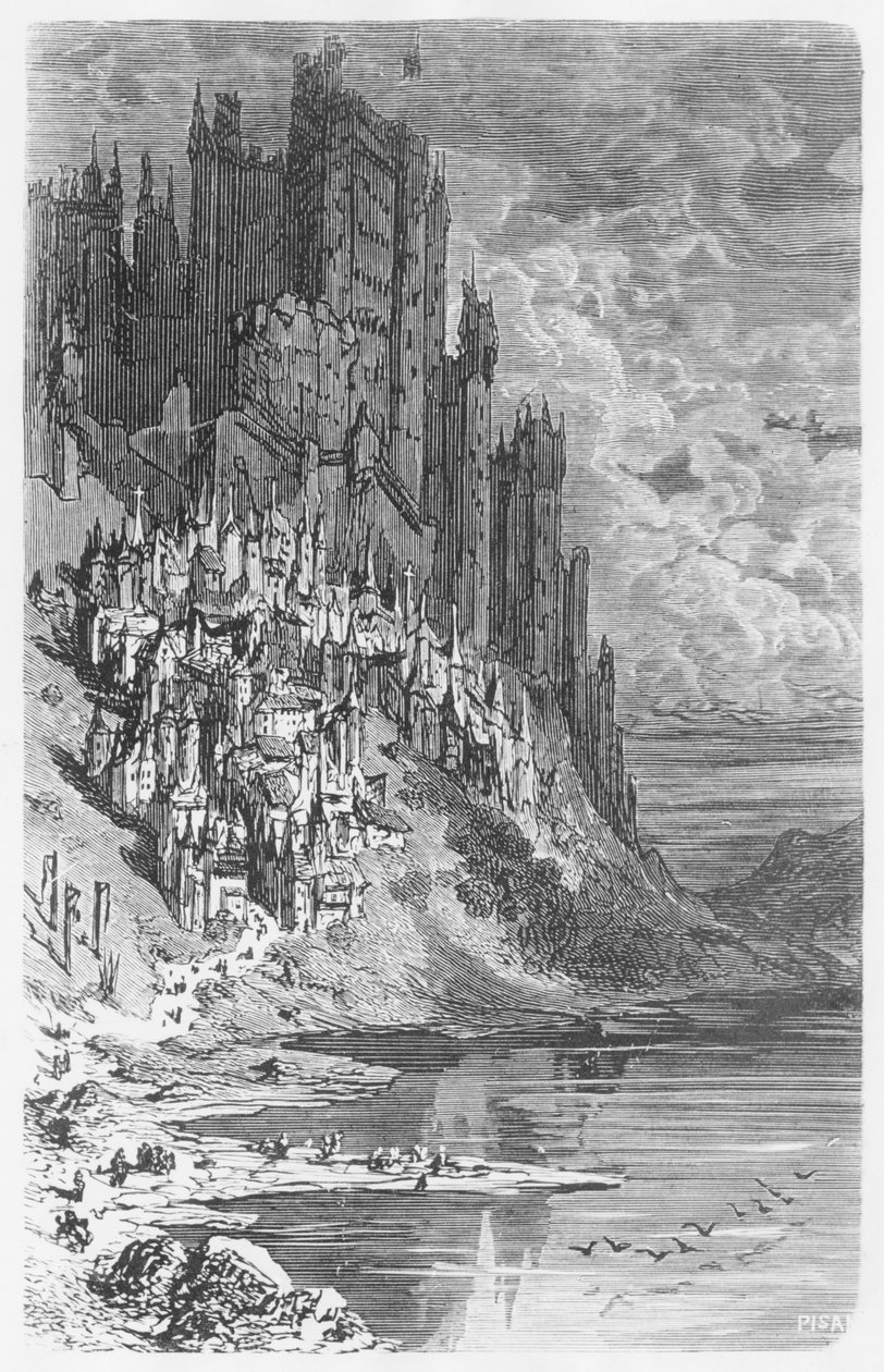 町と城のあるファンタジー風景、オノレドバルザックによる「レコンテドロラティーク」のイラスト（1799〜1850年） 作： ギュスターヴ・ドレ