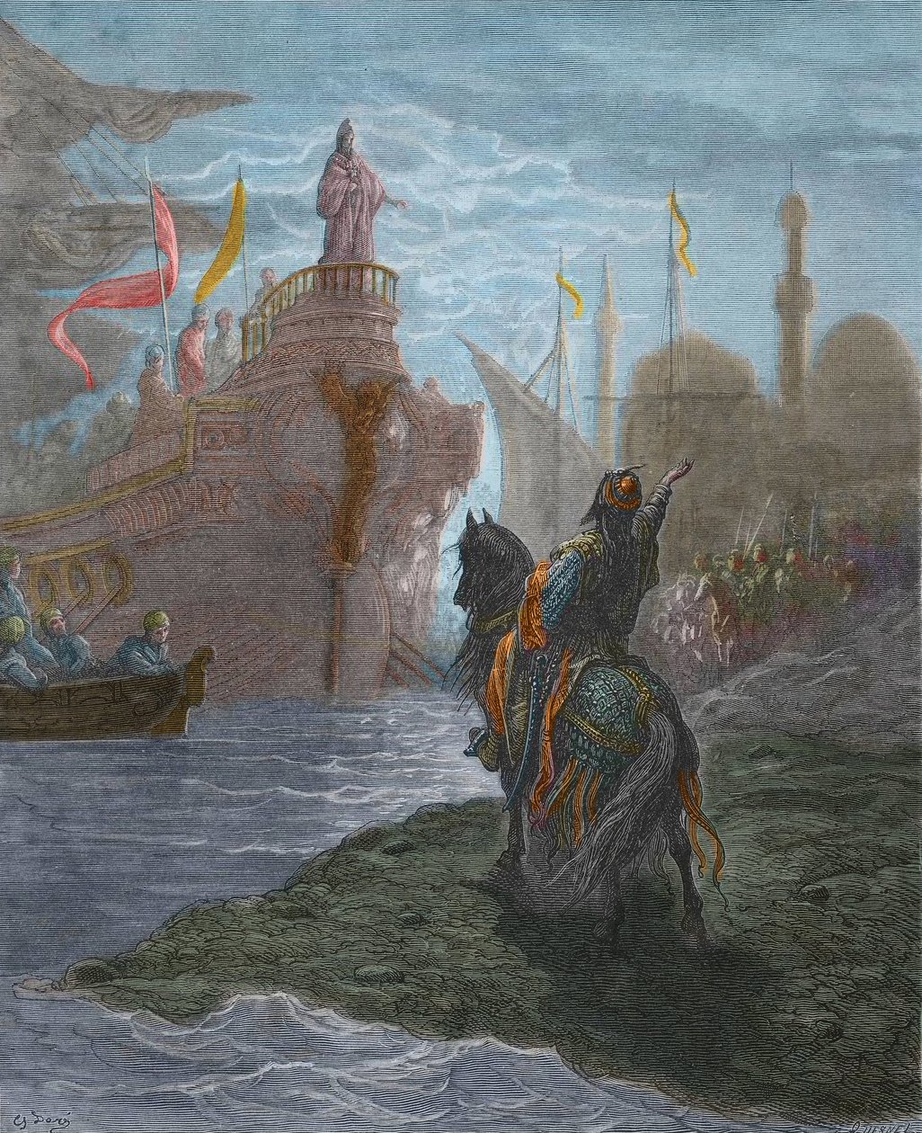 Vierter Kreuzzug - Alexis V. Doukas Murzuphle (1140-1204) - Murzuflo (Alessio Ducas) verhandelt mit Dogen Enrico Dandolo (1107-1205) im Jahr 1204. Gravur von Gustave Doré (1832-1883) aus „History of the Crusades“ von Gustave Dore