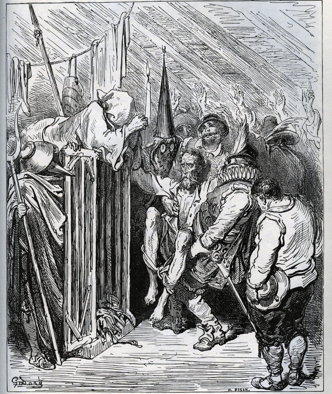 ドン・キホーテをどうやって追い出すか。ホテル屋の人々は、新しい魔法と新しい騎士道的なテストを信じさせることで、彼を閉じ込めることにした-ミゲル・セルバンテス（1547-1616）の「ドン・キホーテ・デ・ラ・マンチャ」より（ドン・キホーテ）-デッサン後の木版画 作： ギュスターヴ・ドレ