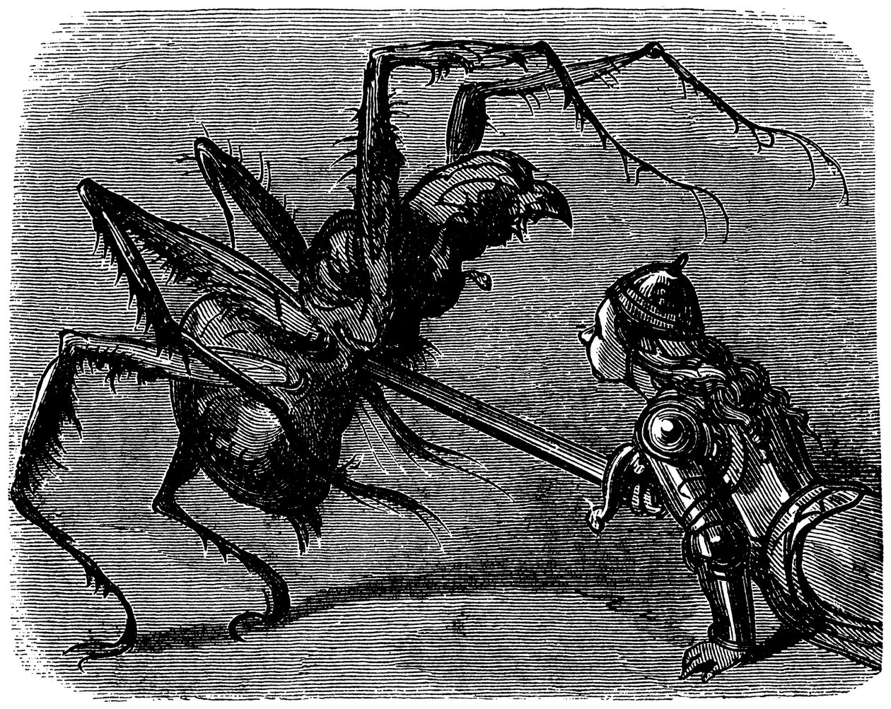 Illustration von Gustave Doré (1832-1883) für Ernest Lepines Buch „Die Legende von Croquemitaine“ (1863) - Vor diesem Bild eines Schwertkampfes gegen eine gigantische Spinne kann man nicht anders, als an den Kampf von Frodo und Kankra in Tolkiens Werk zu d von Gustave Dore