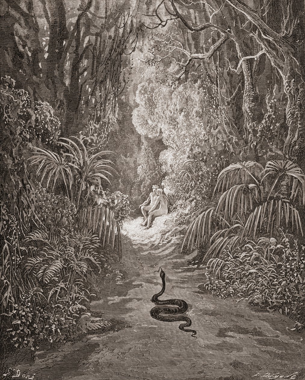 挿絵：ギュスターヴ・ドーレ 1832-1883 フランスの画家、挿絵画家 ジョン・ミルトン著『失楽園』第九巻434行と435行 作： ギュスターヴ・ドレ