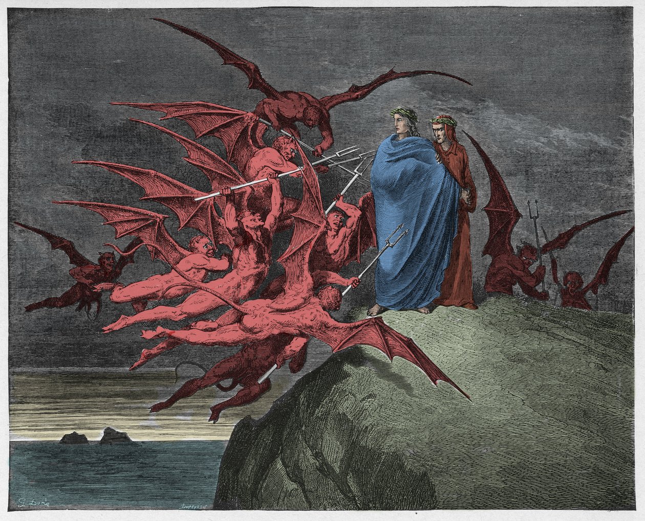 インフェルノ、カント21：悪魔がヴァージルを脅かす、ダンテアリギエーリ作「The Divine Comedy」（1885年） 作： ギュスターヴ・ドレ
