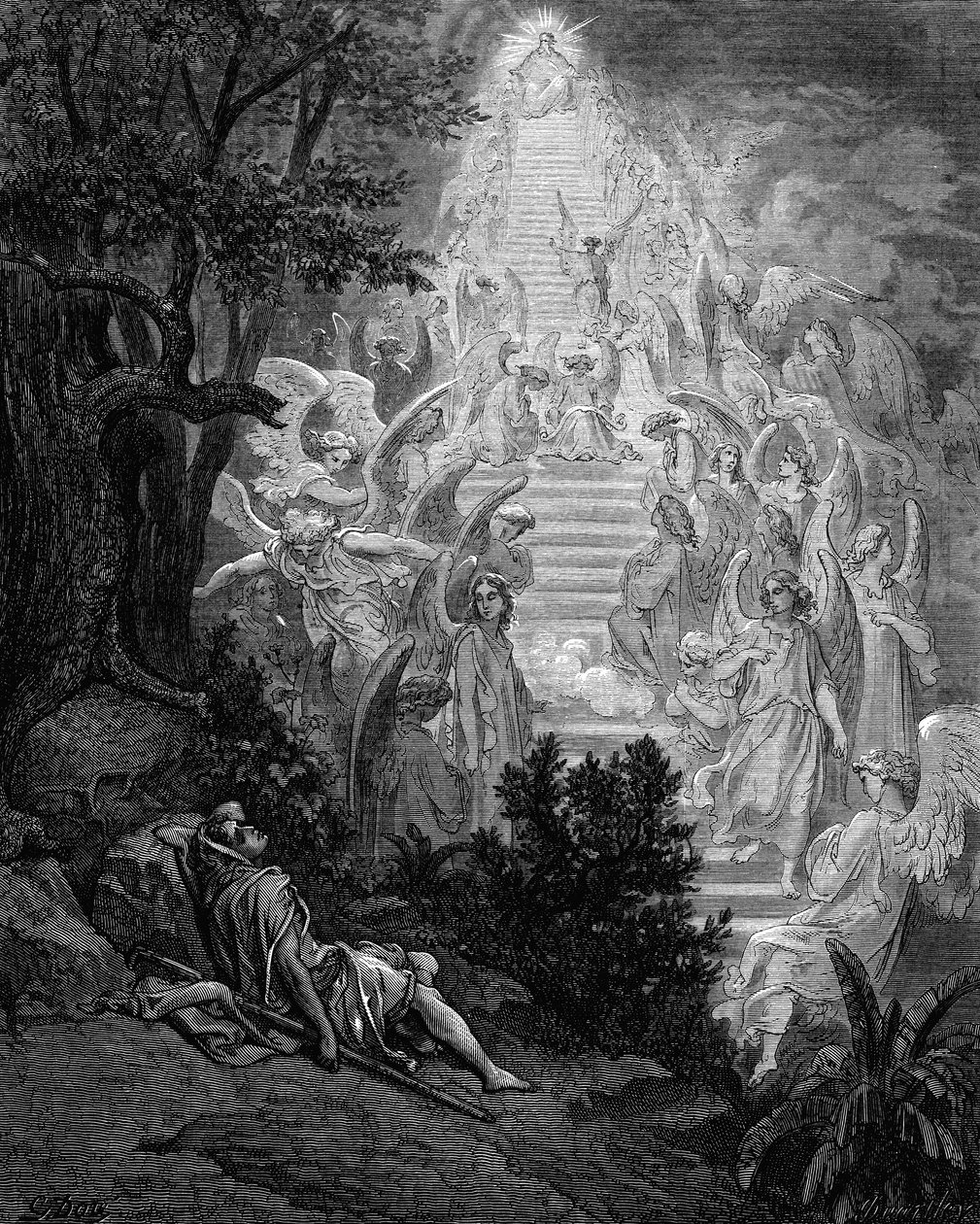 ジェイコブスは、1865-1866年に神が上にいる天国に通じる階段を夢見る 作： ギュスターヴ・ドレ