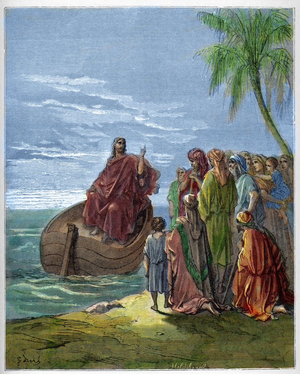 ゲネザレス湖（Genesareth, Ginosar or Kinneret）（Tiberiad湖）（ガリラヤ海）で説教するイエス - - Gustave Dore（1832-1883）の "The Bible illustree "のエングレーヴィング - "The Dore Bible "のエングレーヴィング 作： ギュスターヴ・ドレ
