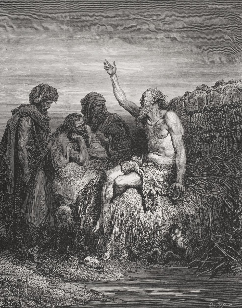 ヨブと彼の友人、ヨブ6：1-4、ドレの「聖書」からのイラスト、J.Regnierによる彫刻、1866 作： ギュスターヴ・ドレ
