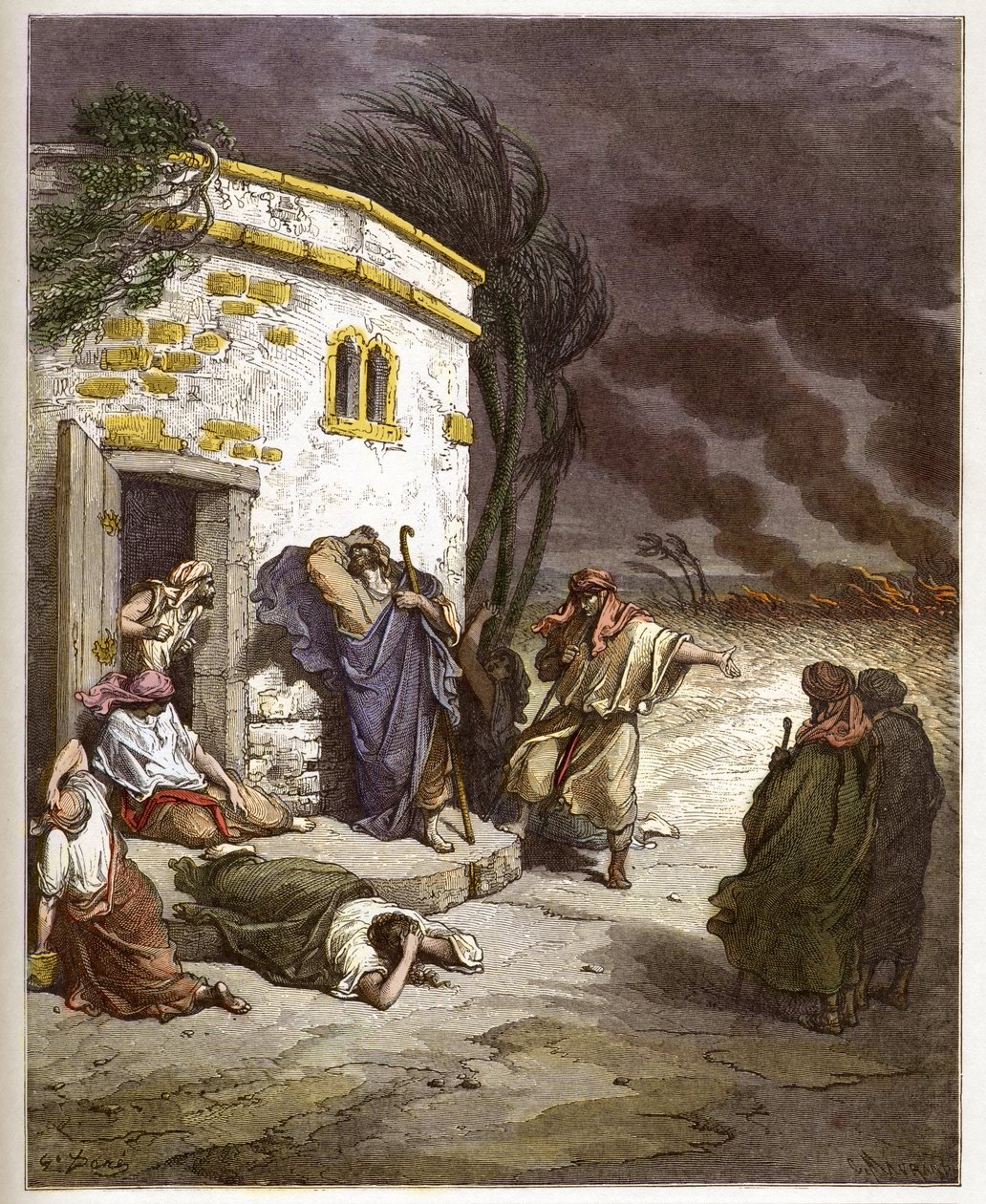 自分の破滅を聞くヨブ - Job learant sa ruine - - Gustave Dore (1832-1883) の "The Bible illustree" のエングレーヴィング - "The Dore Bible" のエングレーヴィング 作： ギュスターヴ・ドレ