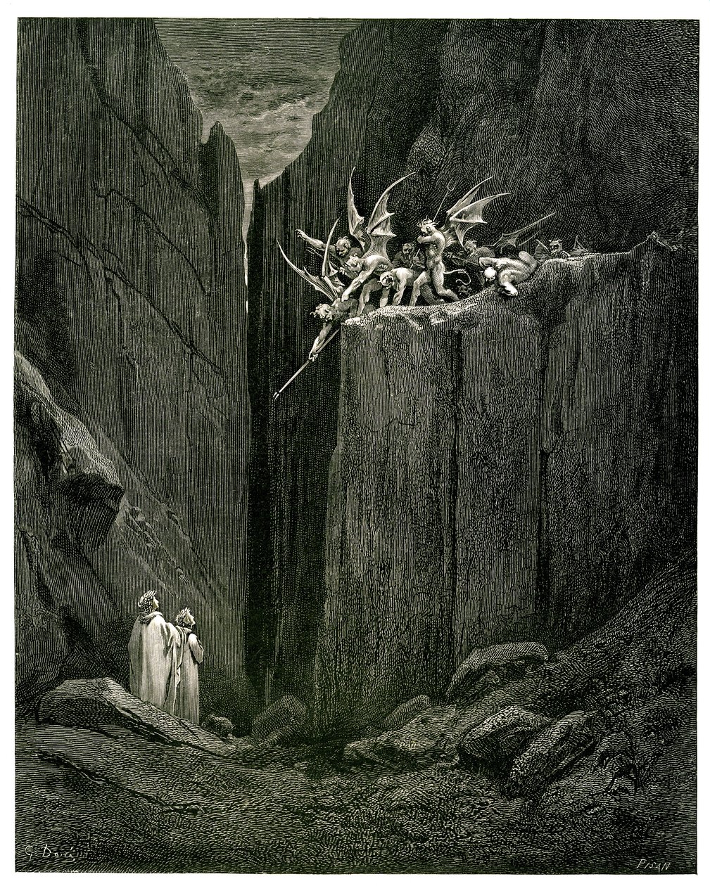 ダンテ・アリギエーリ著、ギュスターヴ・ドーレ挿画『地獄』（神曲）。アシェット版1861年。Pier-Angelo Fiorentinoによるフランス語訳。Dante et Virgile face aux Demons: Appena furo i pie suoi giunti al letto - Del fondo giu, ch