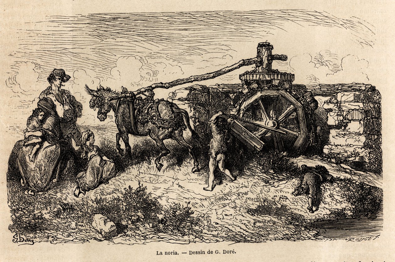 1862年、C.ダヴィリエとのスペイン旅行を描くためにギュスターヴ・ドーア（1832-1883）が描いたもので、水流のエネルギーを利用して水位を上昇させる水力機械「ラ・ノリア」。エドゥアール・シャルト編「世界一周」に掲載されている図版 作： ギュスターヴ・ドレ
