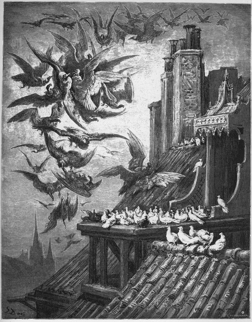 Les Vautours et les Pigeons-The Vultures And The Pigeons-from "Fables" by Jean de La Fontaine 作： ギュスターヴ・ドレ